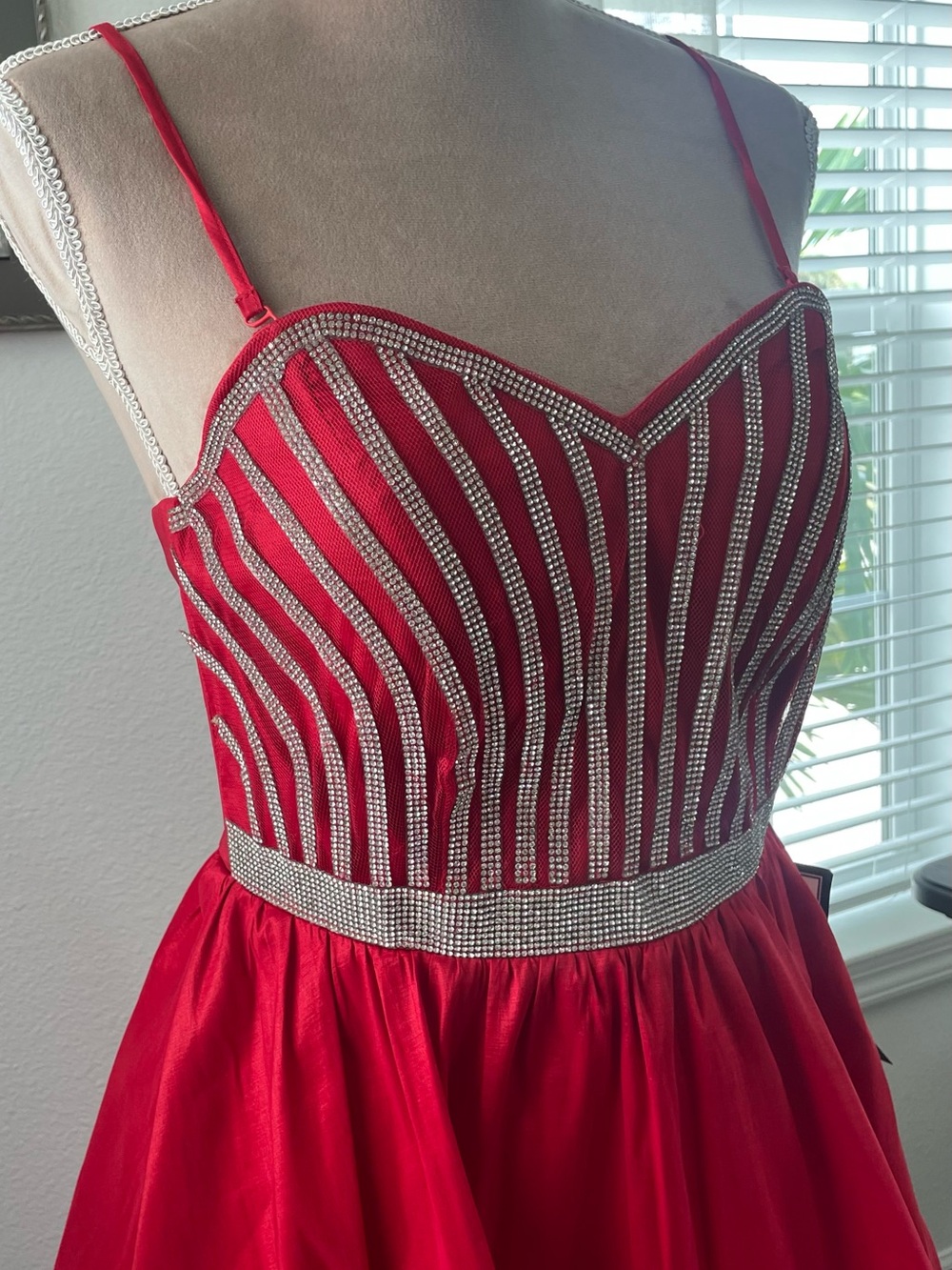 Crystal Doll Red Rhinestone-Embellished Spaghetti Strap Evening Dress, Size 7